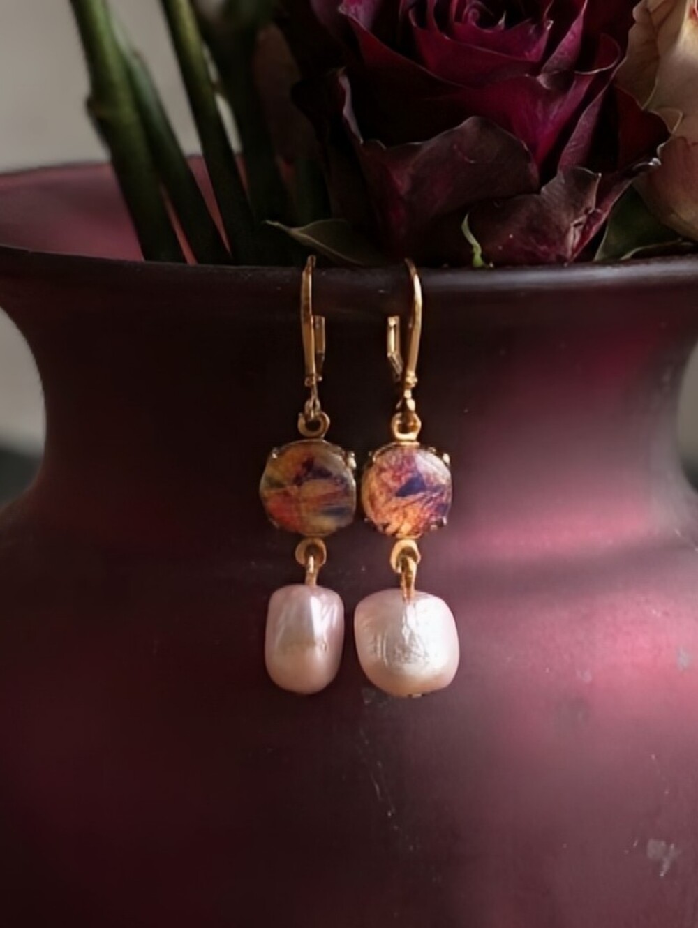 Pink Fire Opal & Freshwater Pink Baroque Pearls in 14K Gold Plated Drop Earrings